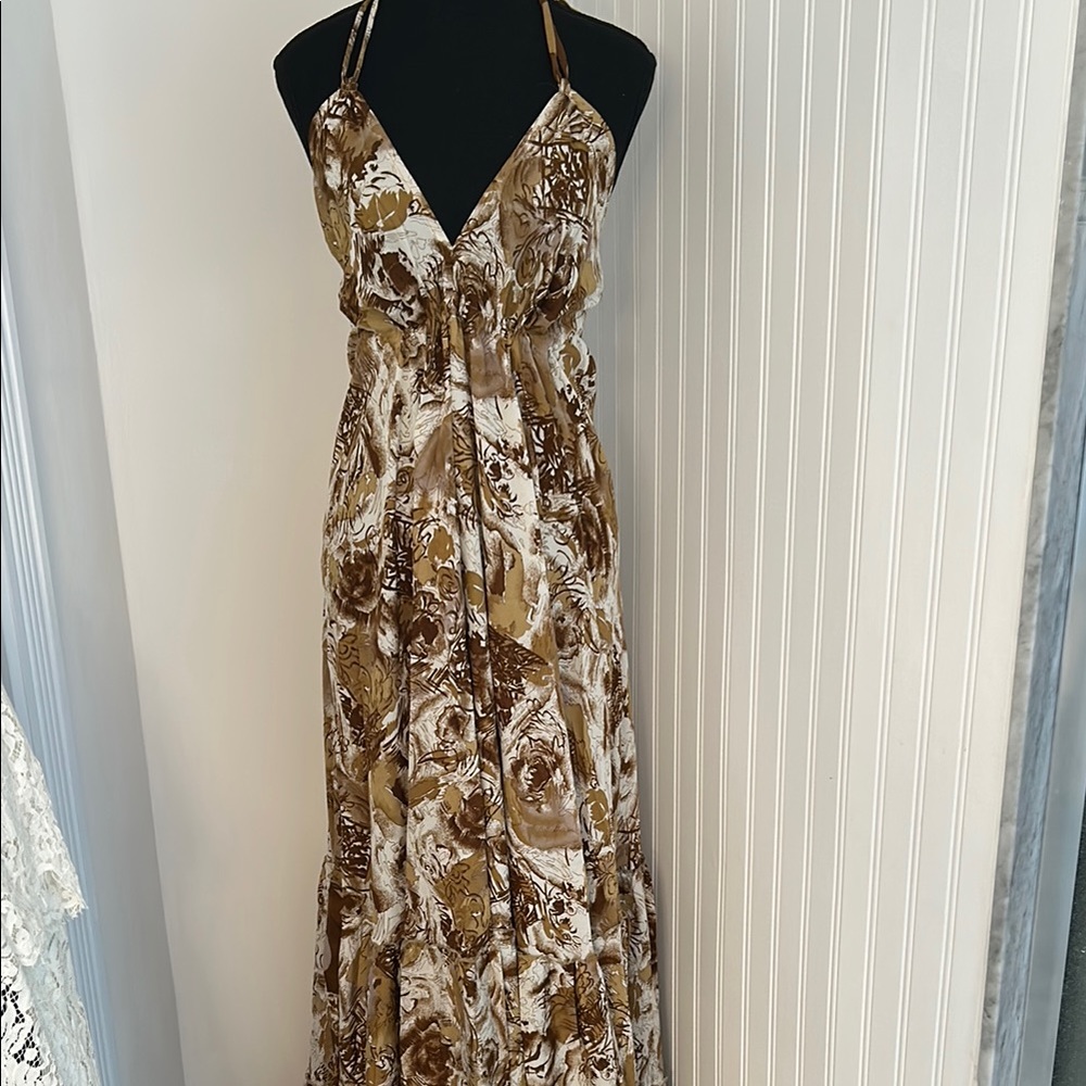 NWOT Boutique Brown Tan Halter Silk Maxi Sundress